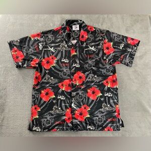 US Marine Corps Semper Fidelis USMC Floral Button Up Hawaiian Shirt Men Large